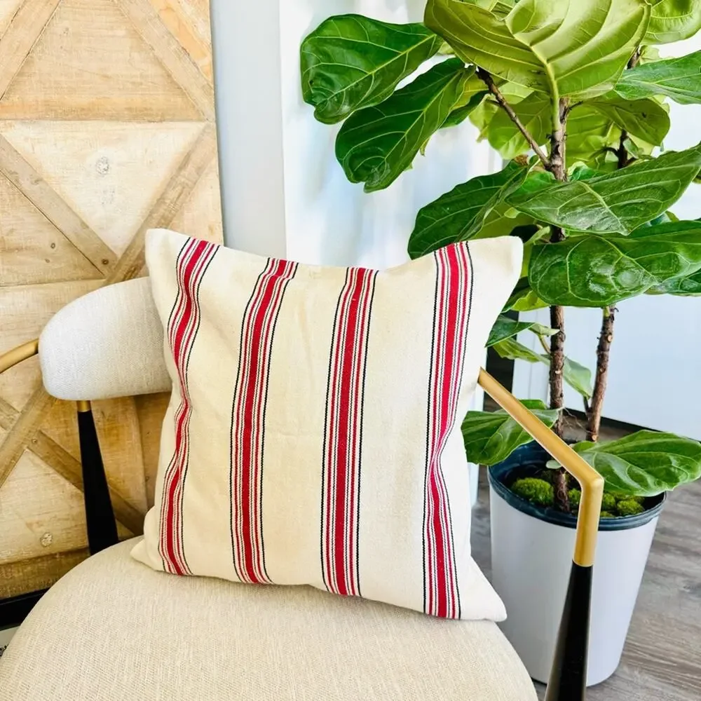POTTERY BARN Red Black Tan Cream Bold Stripe Pattern Pillow Case Sham 20